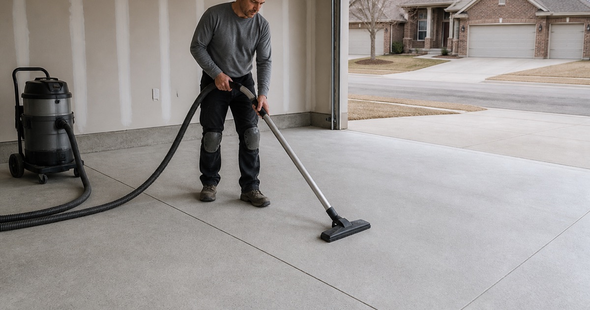 A worker vacuuming dust from a prepared concrete garage slab.