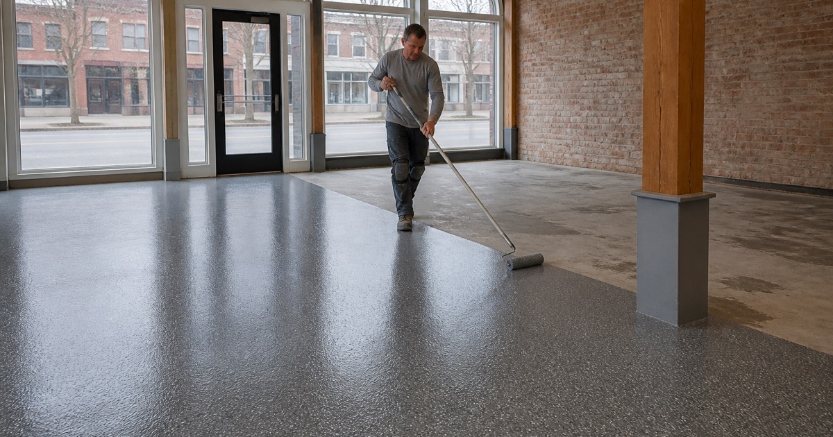 A worker rolling a gray coating across a commercial floor.