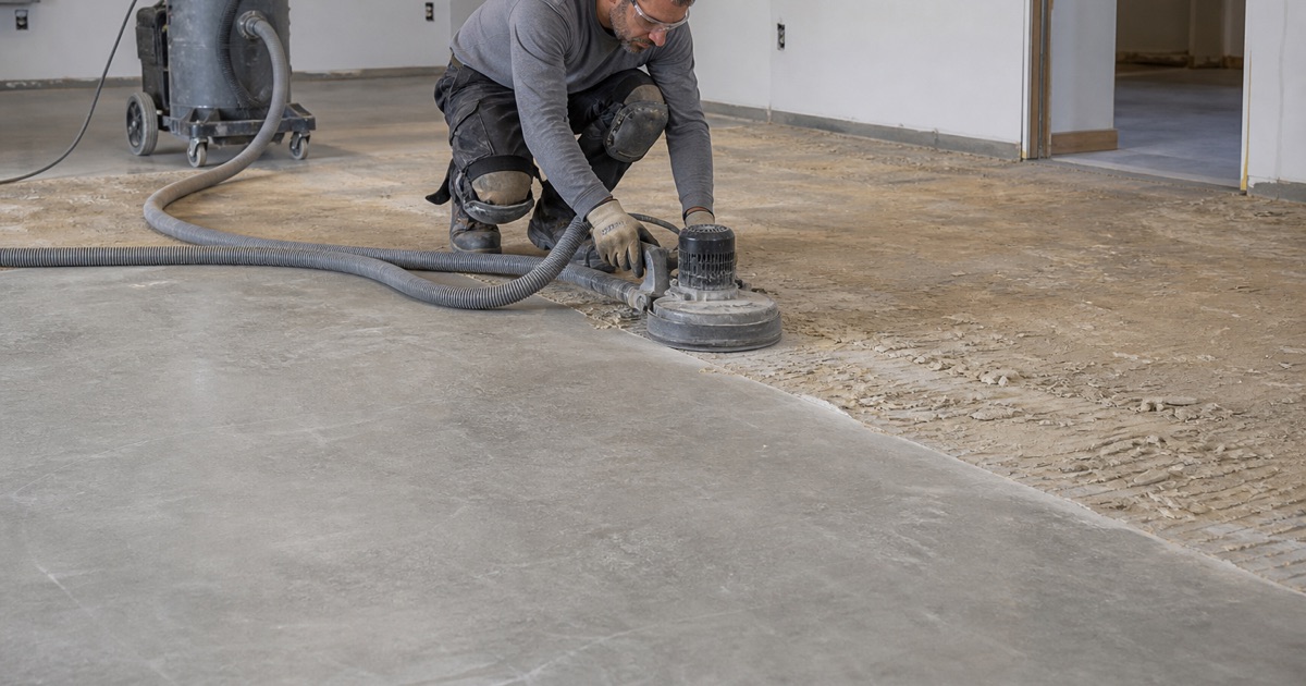 A worker grinding a concrete slab beside a dust extractor.