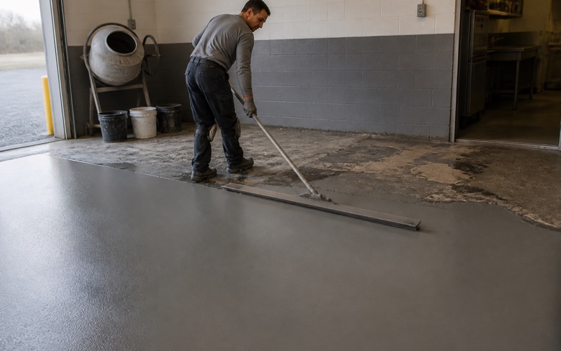 A worker spreading resurfacing material across a garage floor.