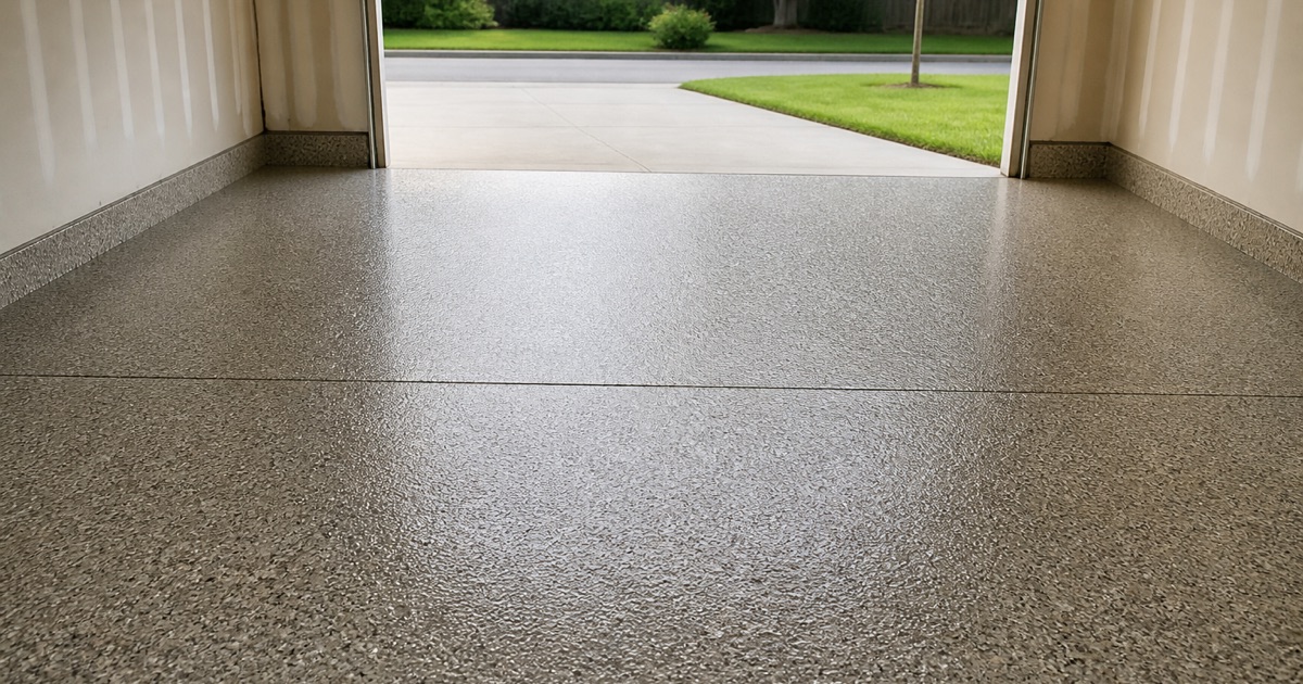 An empty garage with a finished gray flake floor.
