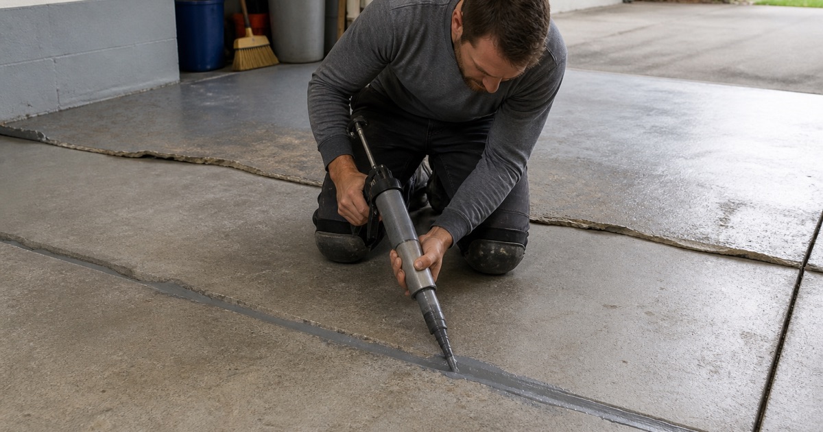 A worker filling a control joint in a concrete garage slab.