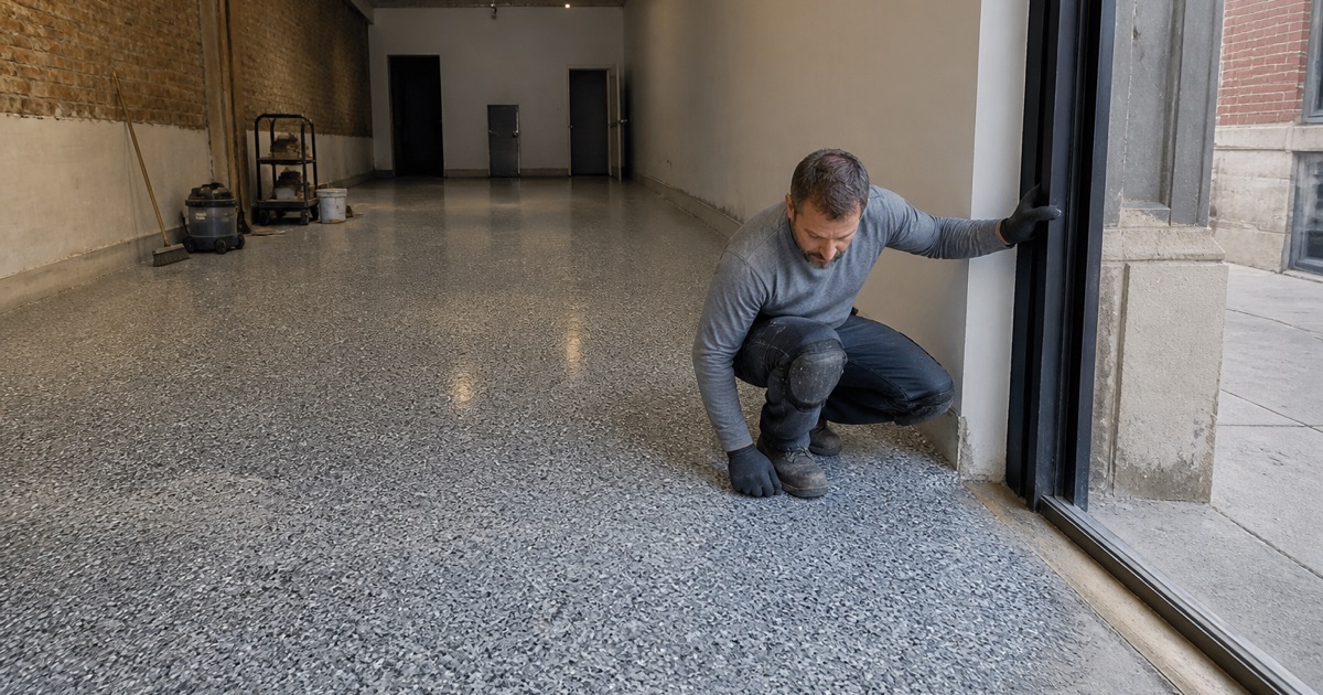 A worker checking a flake floor at a garage doorway.