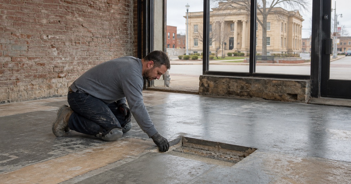 A worker repairing a recessed patch in a commercial concrete floor.