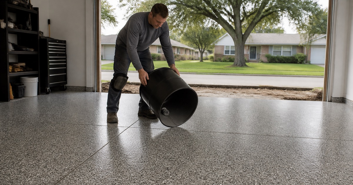 A worker pouring coating onto a prepared garage floor.