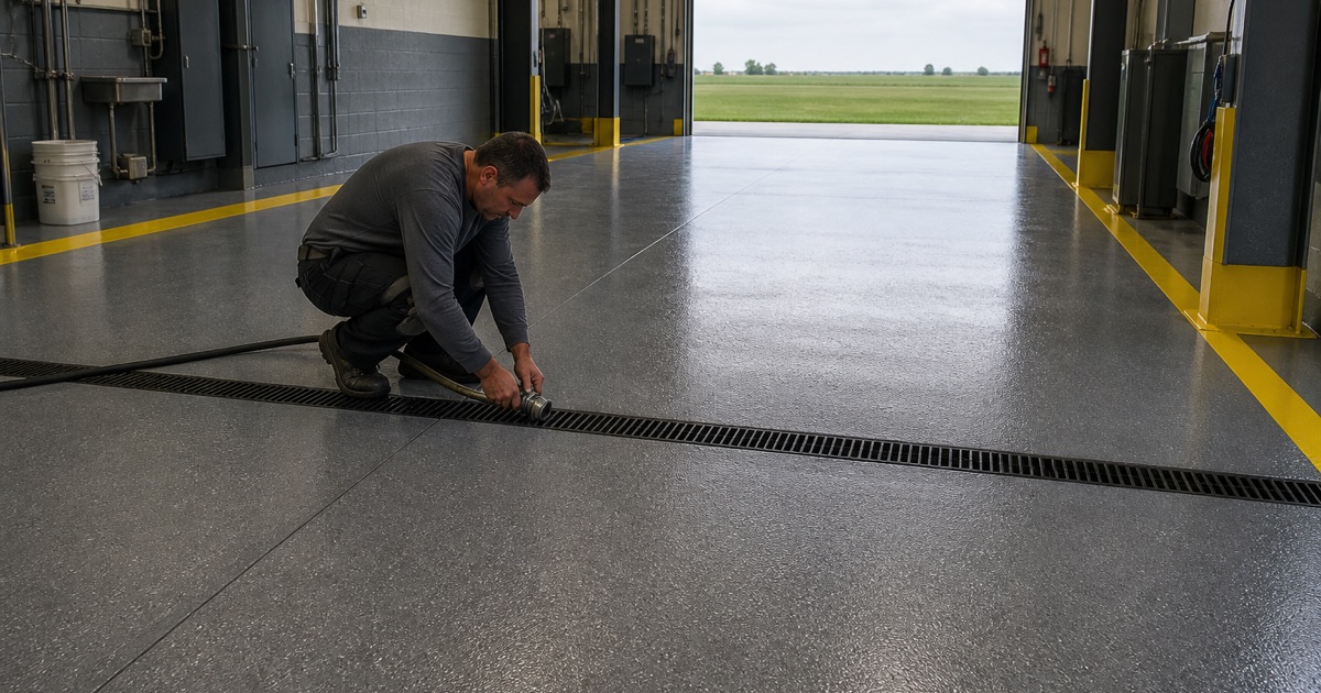 A worker checking a commercial floor beside a trench drain.