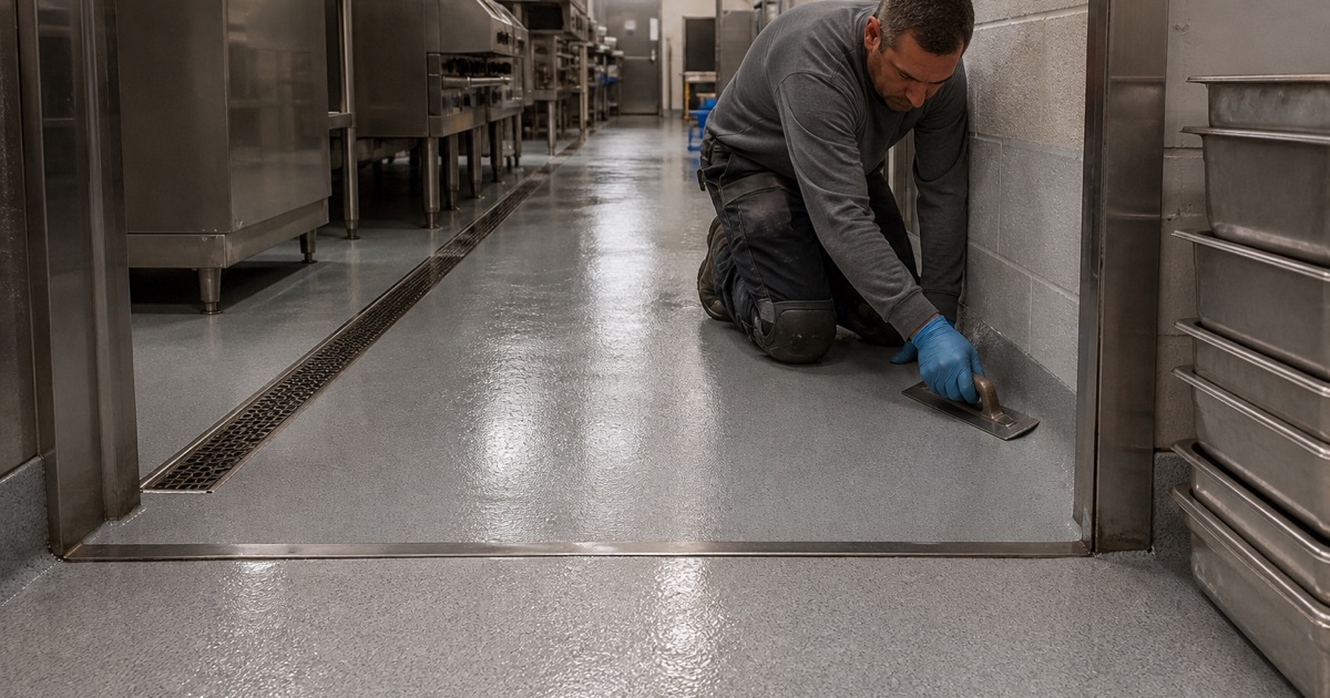 A worker inspecting a gray commercial kitchen floor.
