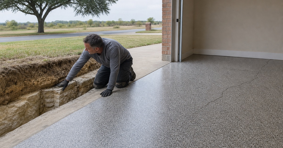A worker examining the ground beside a coated garage threshold.