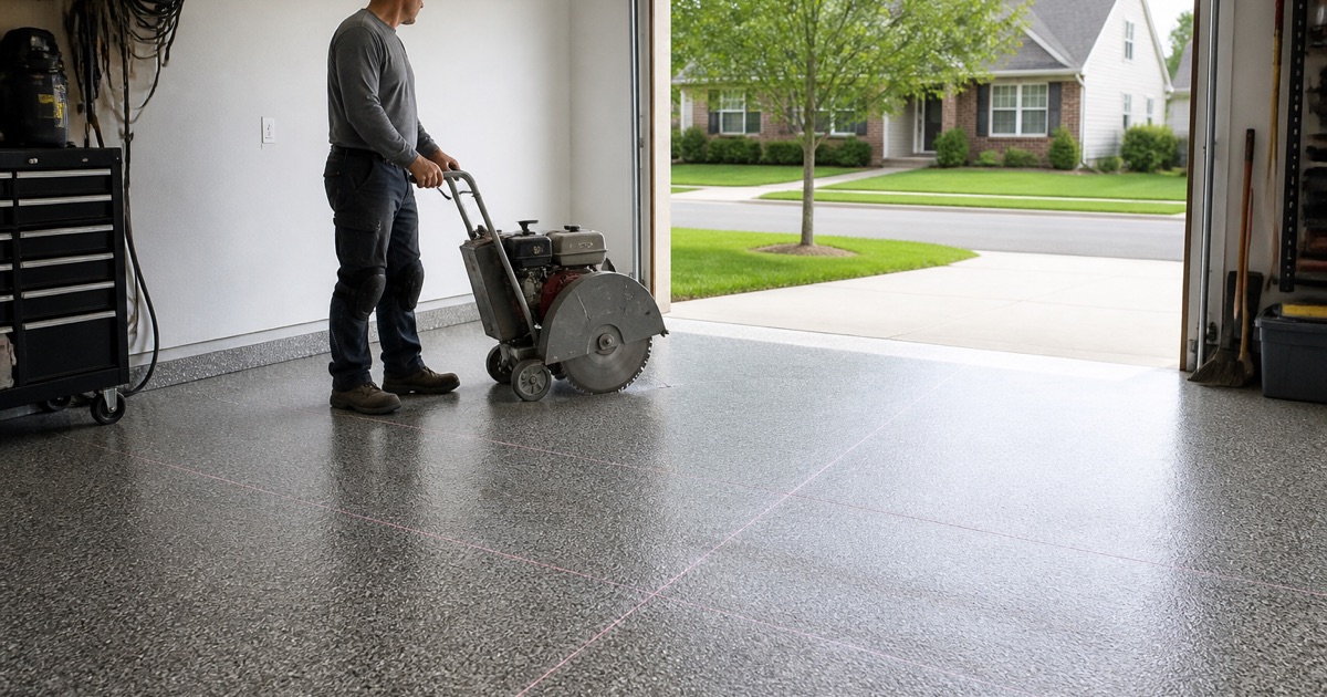 A worker operating a floor grinder on a garage slab.
