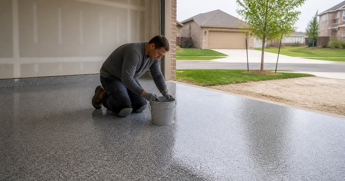 A worker kneeling beside a mixing bucket on a coated floor.