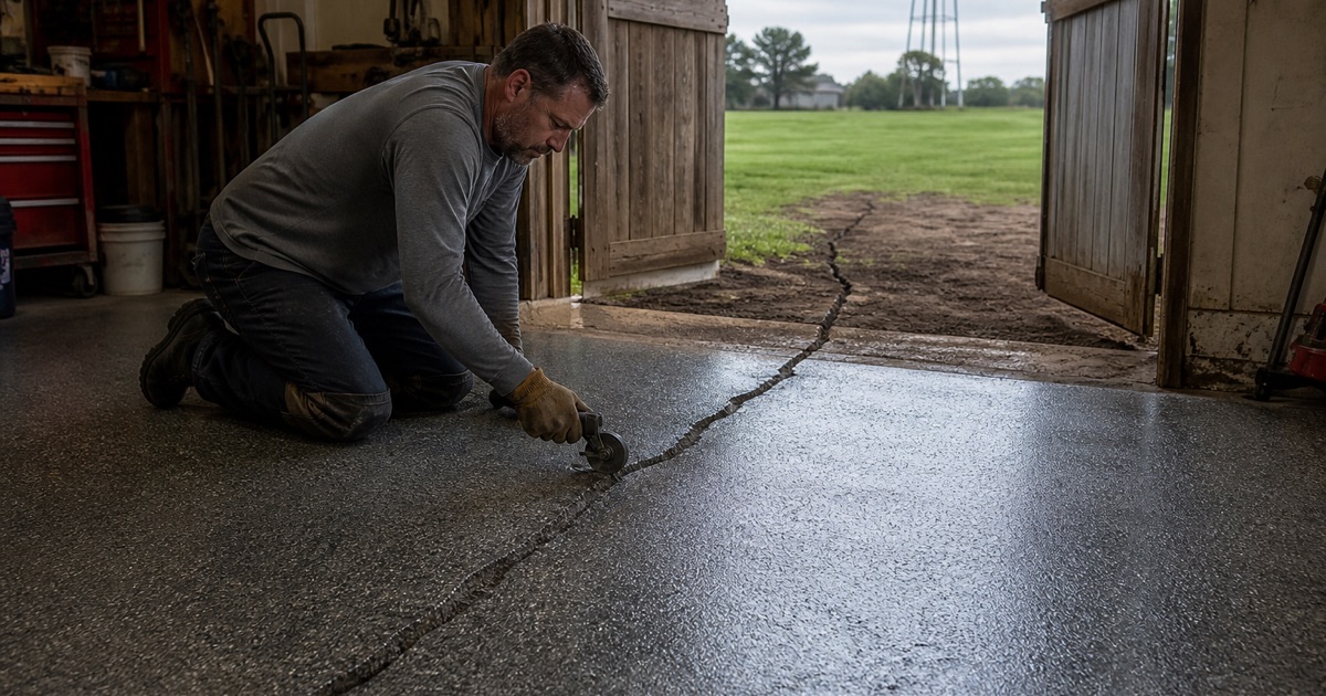 A worker repairing a crack in an older garage floor.
