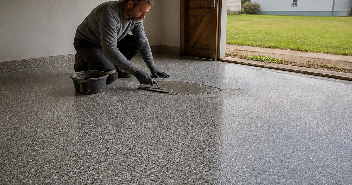 A worker spreading material across a flake garage floor.