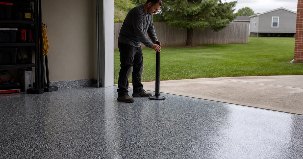 A worker checking a finished floor near a garage threshold.
