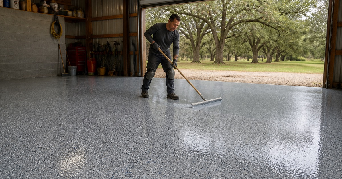 A worker spreading coating across a workshop floor.