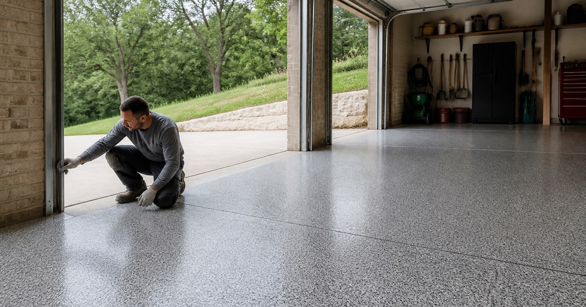 A worker checking a coated garage floor beside an open doorway.