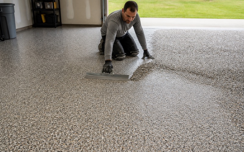 A worker spreading decorative flakes across a garage floor.