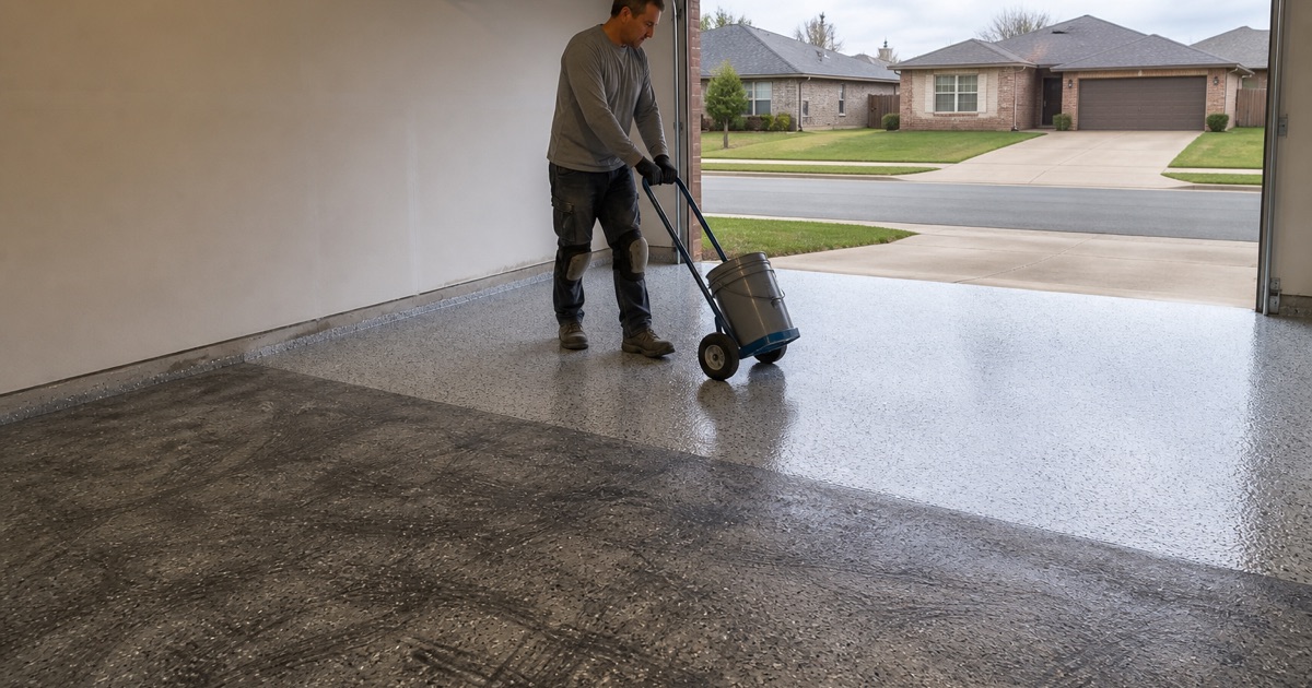 A worker grinding a section of concrete beside a coated garage floor.