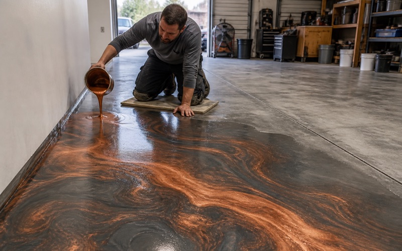 A worker pouring metallic coating over a swirling copper and gray floor.