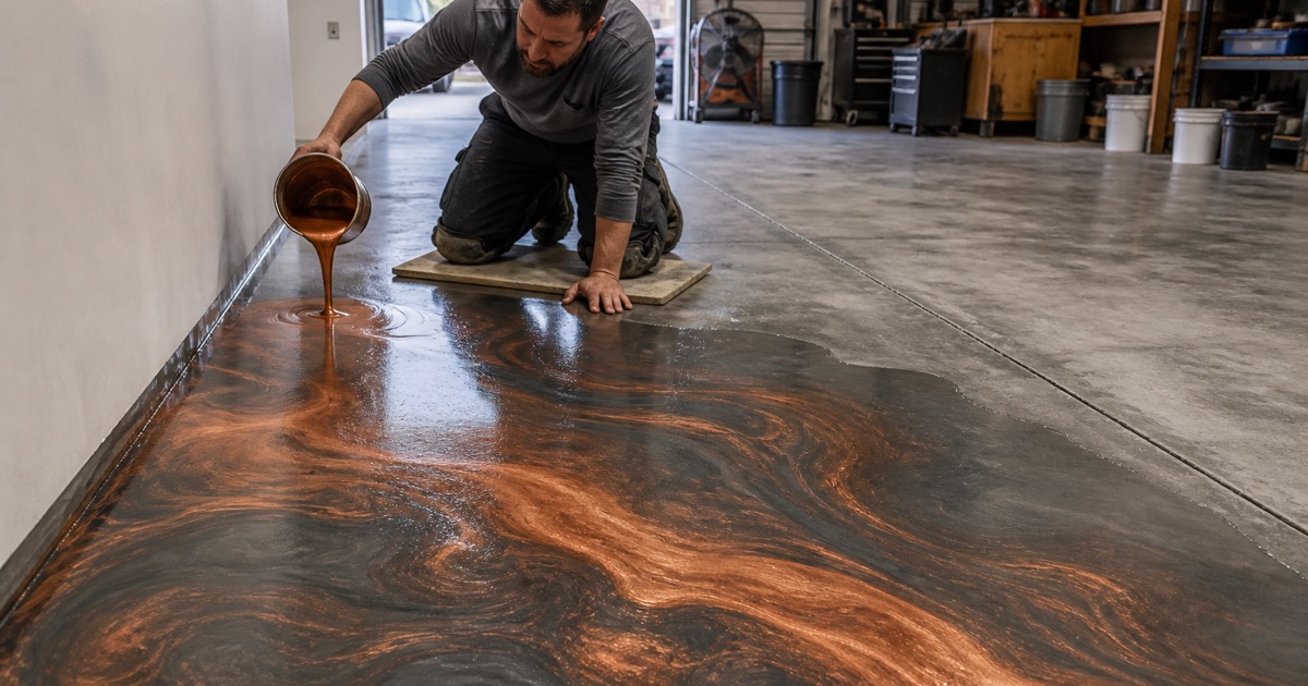 A worker pouring metallic coating over a swirling copper and gray floor.