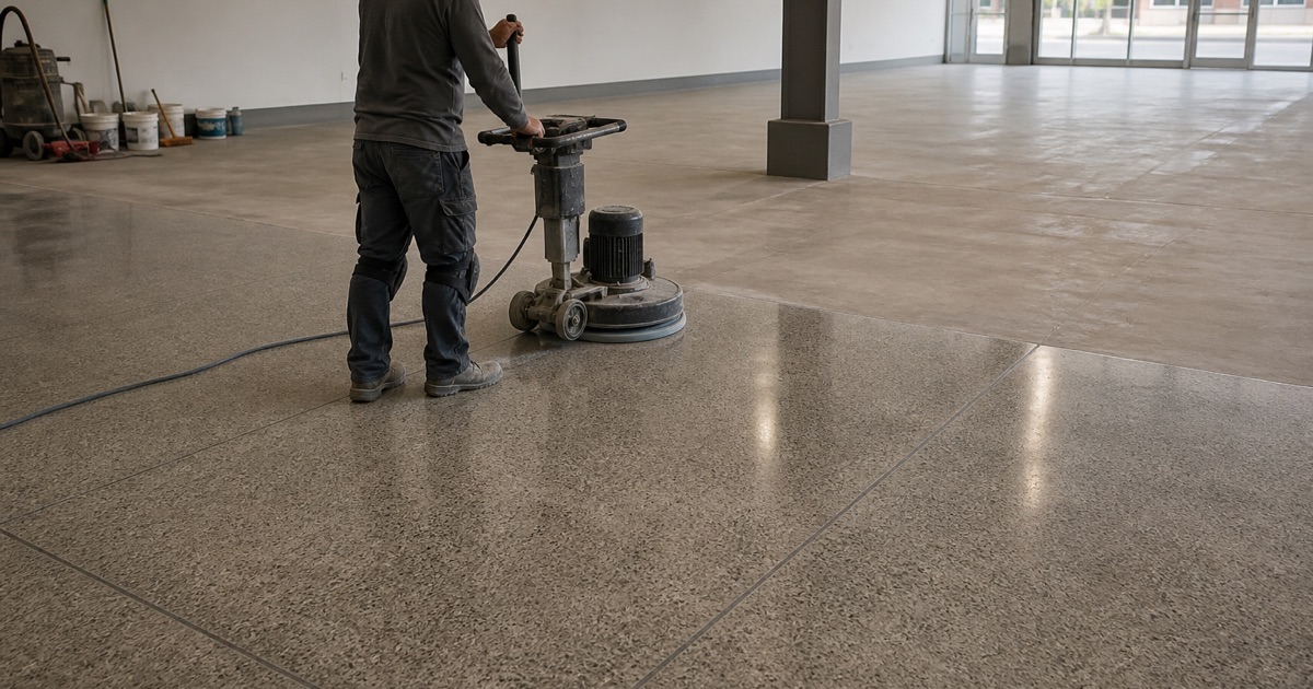 A worker polishing concrete inside a large commercial room.